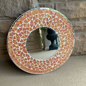 Vintage Early 2000’S Mosaic Tile Orange Round Ceramic Wall Mirror 19” Diameter